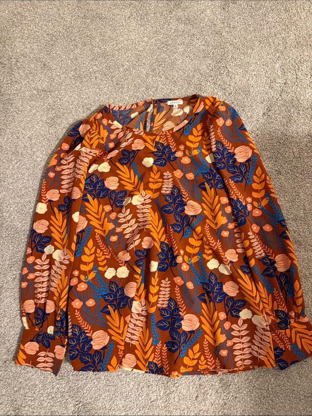 JODIFL Rust Floral Long-Sleeve Blouse with Navy and Blush Accents